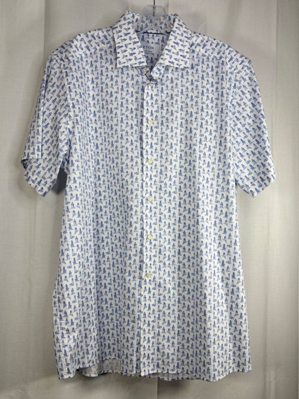 EUC ETON Mens Short-Sleeve Blue Lighthouse Patterned Button-Up Shirt Size 17